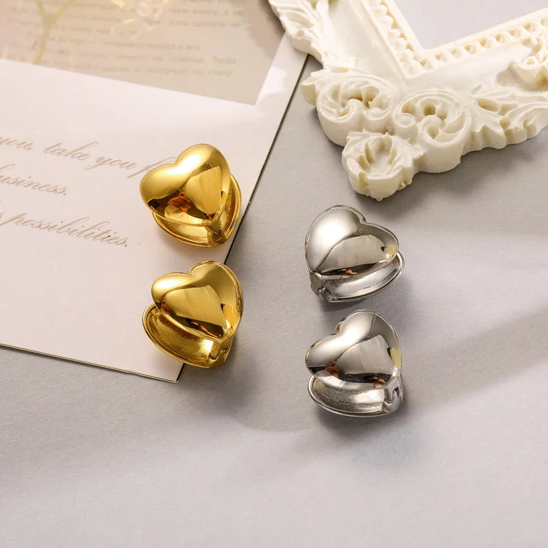 18K Gold Plated Stainless Steel Double Layered Heart Shape Stud Earrings