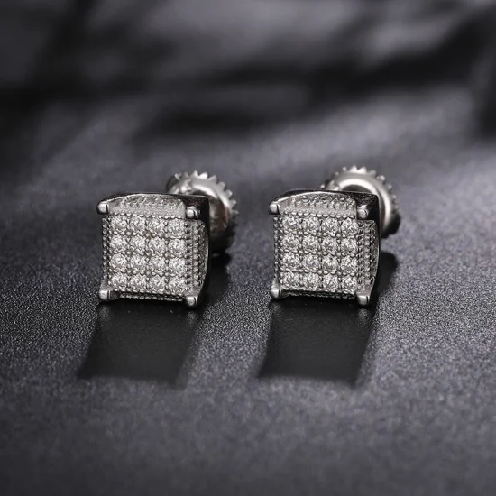 Mens White Gold Finish Square Stud Earring Cushion Pure Silver Jewelry Stud Earrings Vvs1 Moissanite Stud Earrings
