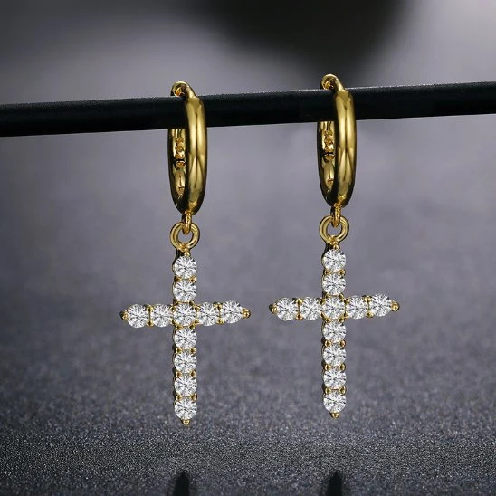 Woman Man Fashion Cross Hoop Earrings S925 Silver 14K 18K Gold Plated Yellow White Moissanite Diamond Gem Drop Earrings
