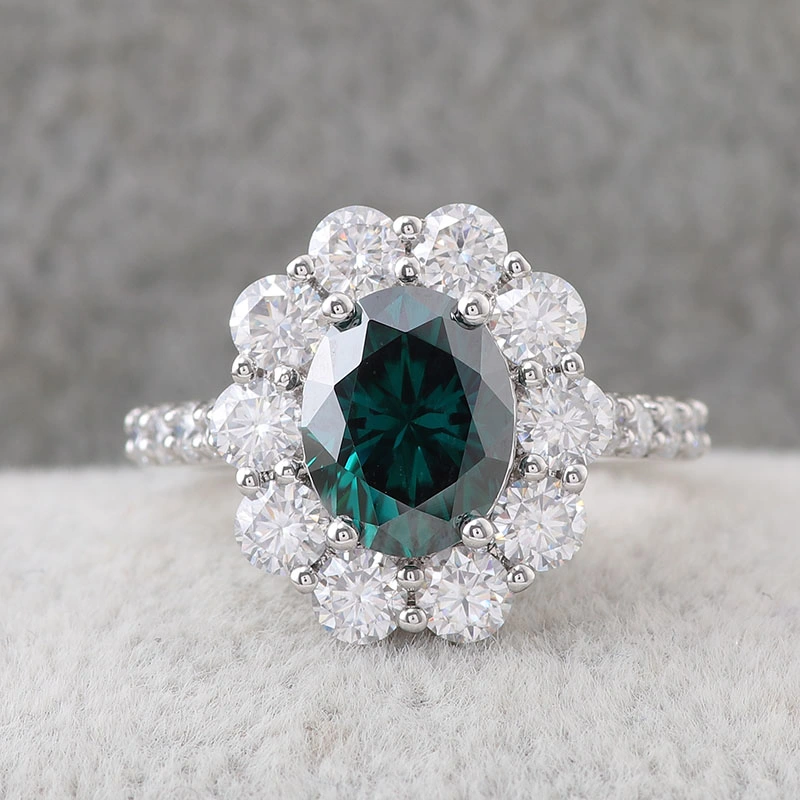 Impressive Dark Green Oval Cut Moissanite Engagement Ring 925 Silver Diana Ring 4ctw Paved Band Princess Diana Ring