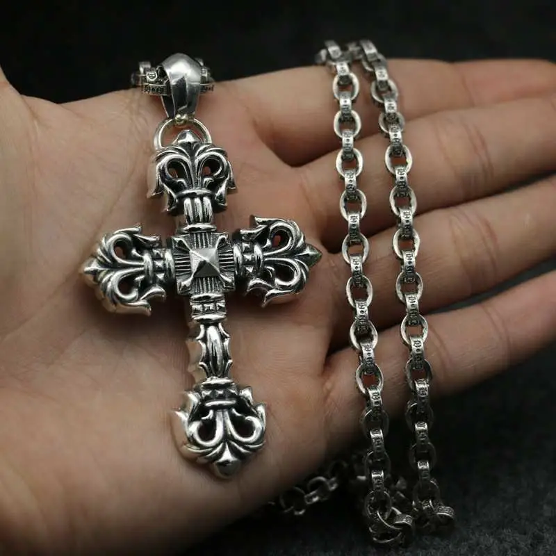 Sterling Silver Cross Necklace Trendy Hip Hop Street Accessories Male Thai Silver Retro Pendant
