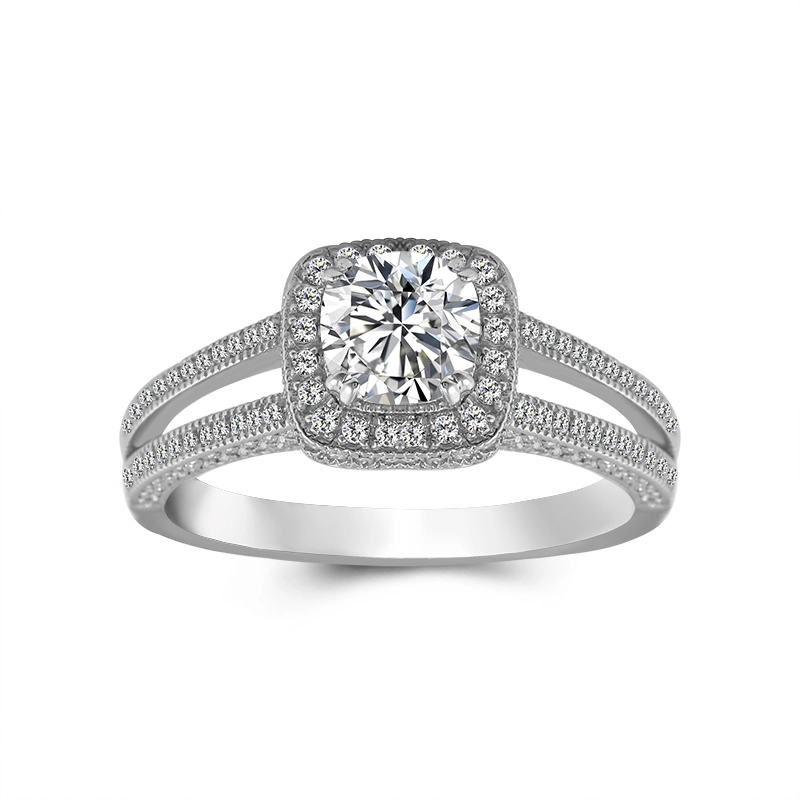 White Color Cushion Cut Moissanite 1CT 925 Silver Engagement Ring Split Band with 3 Row Paved Band Ring