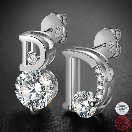 2022 Trendy Fine Bridal Jewelry Fashion 925 Sterling Silver Vvs Moissanite Diamond Asymmetric Letter D Stud Earrings for Women